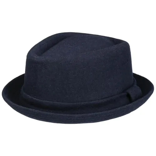 Lipodo Diamond Crown Pork Pie Filzhut für Damen und Herren – Dunkelblau M (56-57 cm) - Hochwertiger Wollhut mit hohem Wollanteil für warme Ohren im Winter. Stylisches Innenfutter und unifarbenes Design machen ihn zum perfekten Accessoire für jeden Anlass.