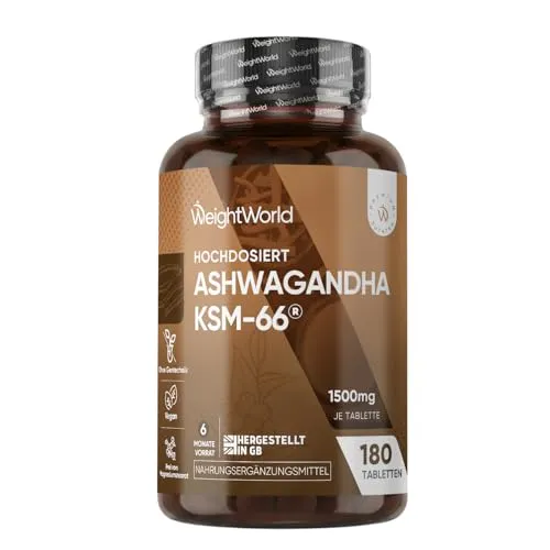 WeightWorld Ashwagandha KSM-66 - 1500 mg Extrakt mit 5% Withanolide - 180 vegane Tabletten für 6 Monate Vorrat. Hergestellt aus der Wurzel der Ashwagandha-Pflanze, ohne unnötige Zusatzstoffe – ideal für eine reine Ernährung.