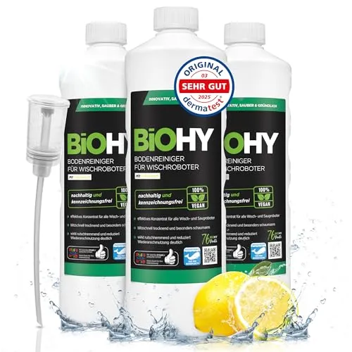 BiOHY Bodenreiniger für Wischroboter (3 x 1 Liter) + Dosierer | Reinigungsmittel Konzentrat für alle Wisch & Saugroboter mit Nass-Funktion | Schaumarm & Streifenfrei | Für alle Böden