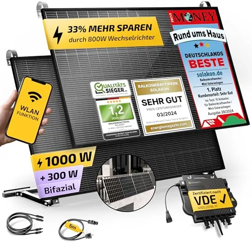 Balkonkraftwerk 1000W/800W - Steckerfertiges Solaranlagen Komplettset - Solaranlagen für einfache Installation und sofortige Einsparungen. Mit 10m Kabel und Balkon Halterung, ideal für nachhaltige Energiegewinnung.