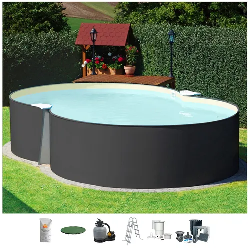 KONIFERA Achtformpool PALMA 1 - Komplett-Set in verschiedenen Größen - Swimmingpool mit sandfarbener Innenfolie, ideal für entspannende Sommertage im Garten. Inklusive Sandfilteranlage und Sicherheitsleiter für höchsten Komfort.