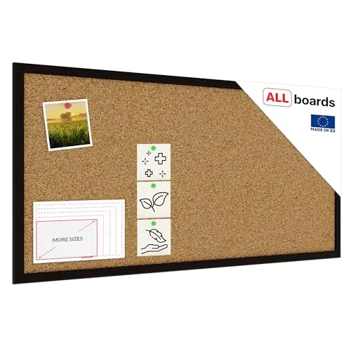 ALLboards Pinnwand mit schwarzem Holzrahmen 80x40cm - Pinnwand mit hochwertiger Korkoberfläche aus portugiesischem Kork, ideal zum Organisieren von Notizen und Fotos. Ein eleganter Holzrahmen sorgt für Stabilität und vielseitige Verwendung in jedem Raum.