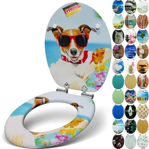 SANFINO® Premium WC Sitz "Sunny Dog" mit Absenkautomatik - Hochwertiger WC Sitz aus Holz mit sanfter Absenkautomatik, einfache Montage und kreatives Design für hohen Sitzkomfort und Hygiene.
