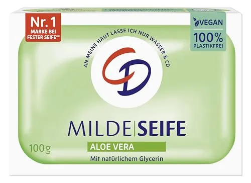 CD Milde Seife Aloe Vera 100g – Vegan & Mikroplastikfrei - Vegane, pflanzliche Seife mit 98% natürlichen Inhaltsstoffen. Ideal für Gesicht, Körper und Hände, auch für empfindliche Haut geeignet. Dermatologisch getestet, in umweltfreundlicher Faltschachtel aus 75% recyceltem Material.