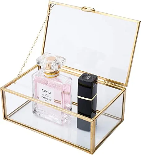 Homtone 14.5x9x5.5cm Golden Vintage Glasbox, Terrarium Retro Schmuckkasten Transparent Glass Schmuck Storage Organizer, für Hochzeit Geburtstagsfeier Dekor