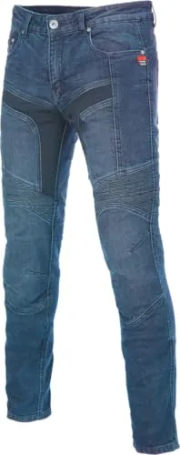 Büse Dayton Motorrad Jeans, blau, Long 32 - Bequeme Slim Fit Motorrad Jeans mit Stretchanteil und abriebfestem DuPont KEVLAR* an Knien und Gesäß. Ausgestattet mit höhenverstellbaren Knieprotektoren und vorbereitet für Hüftprotektoren – ideal für sichere Fahrten.