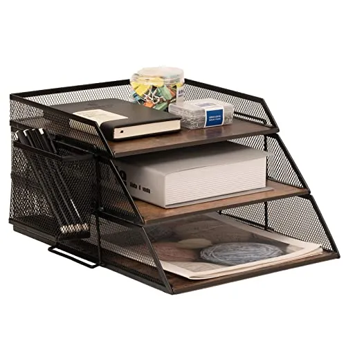 Briefablage aus Holz und Metall im Vintage-Stil, stapelbarer Schreibtisch-Organizer, Papierablage, für Akten, Zeitschriften, Post, mit Stifthalter (3 Stufen)
