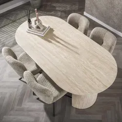 Esstisch „Travina“ – Eleganz in Travertin-Optik 180 cm oval - Esstisch in stilvoller Travertin-Optik mit einem einzigartigen 3D-Wellenprofil-Gestell, ideal für moderne und klassische Wohnräume, perfekt für stilvolle Dinner.