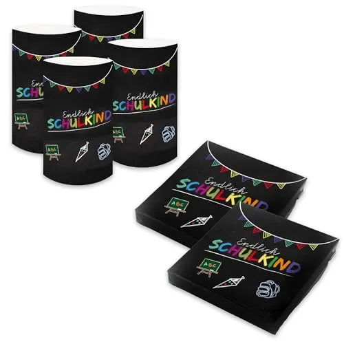 itenga Servietten Endlich Schulkind 30 x 30 cm 3-lagig 40 Stück für Einschulung Schulanfang 3lagig (SET schwarz 40 Servietten + 6x Windlicht)