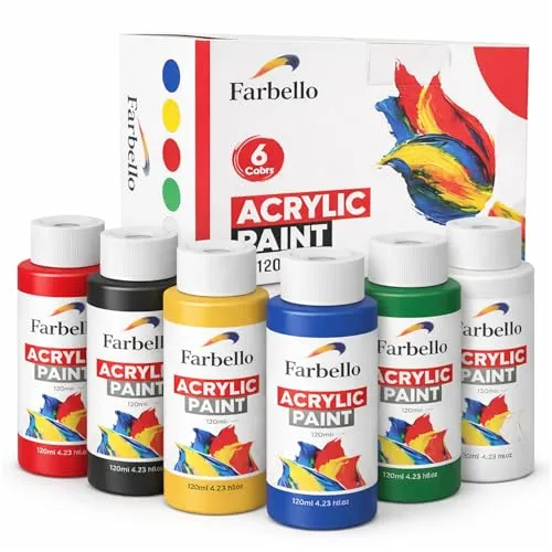 Farbello Acrylfarben Set 6x120 ml- Hochpigmentierte, wasserfeste Künstlerfarben für Acryl-Pouring, Leinwand, Holz, Stein, Papier & Metall – Leuchtende Malfarben (6 Farben)