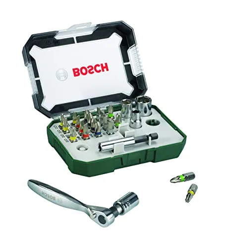 Bosch Bitset 2607017322, 26-teilig - Werkzeug-Set mit 26 hochwertigen Bits, Ratsche und magnetischem Bithalter für sicheren Sitz. Ideal für präzises Arbeiten und vielseitige Anwendungen.