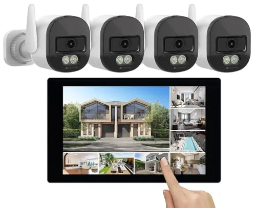 VisorTech Funk Überwachungssystem: WLAN-6-Überwachungsrekorder, 10,1"-Touchscreen-Monitor, 4 Kameras (IR-Überwachungskamera, Funk Überwachungskamera Sets, aussen)