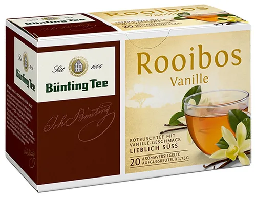 Bünting Tee Rooibos Vanille Rotbuschtee 12er Pack - Genießen Sie den Bünting Tee Rooibos Vanille Rotbuschtee im praktischen 12er Pack. Die harmonische Kombination aus Rotbusch und Vanille sorgt für ein einzigartiges Geschmackserlebnis – ideal für entspannte Momente.