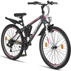 Licorne Bike Premium Mountainbike - 20, 24, 26 Zoll in Anthrazit/Rosa - Hochwertiges Mountainbike mit robustem Rahmen in Anthrazit/Rosa, ideal für Abenteuer in der Natur und geeignet für ein Gesamtgewicht von bis zu 95 kg.