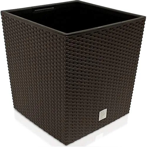Prosperplast Übertopf Rato Low umbra, quadratisch 40x40x40,8 cm - Garten-Zubehör, stylischer Übertopf in Polyrattan-Optik, wetterfest und bruchfest, ideal für innen und außen, mit herausnehmbarem Innentopf und optionalem Erdbewässerungssystem.
