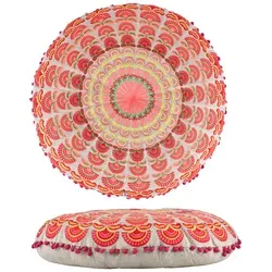Bodenkissen Garet Orange - Rundes, handbesticktes Kissen - Kissen, handgefertigtes Bodenkissen Garet Orange mit nachhaltiger Füllung aus recycelter Baumwolle und buntem Mandala-Design, ideal für Wohnzimmer oder Yoga-Bereich.