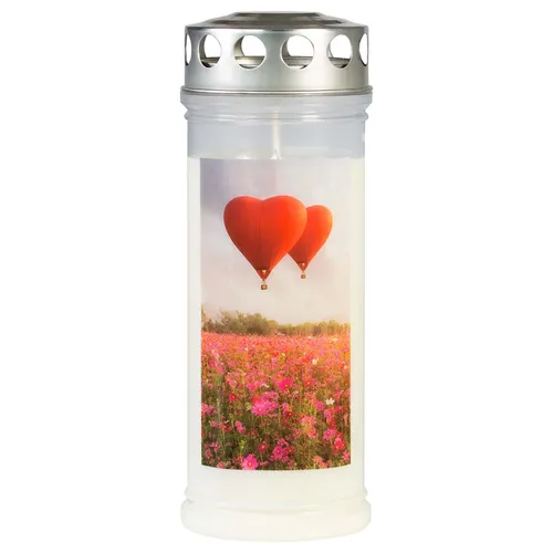 Grabkerze - Gedenkkerze - Grablicht - Motivkerze "Blumenwiese/Ballon"