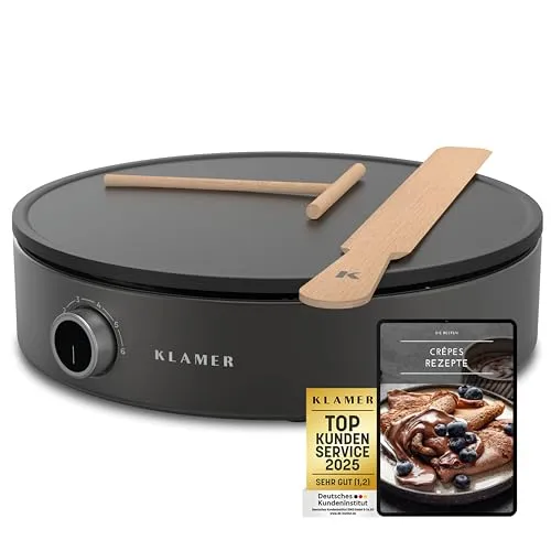 KLAMER Crêpesmaker mit 33 cm Ø - Crêpes-Maker mit großer Backfläche, 1500 W Leistung und 6 Temperaturstufen für perfekte Crêpes und Pancakes. Leicht zu reinigen dank antihaftbeschichteter Platte.