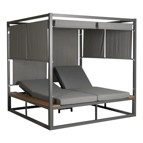 Aluminium Lounge-Gartenliege HWC-M63 - Doppelliege mit verstellbarer Rückenlehne - Gartenliegen mit 10 cm dickem Polster, wasserabweisend und verstellbaren Seitenwänden für optimale Privatsphäre. Ideal für entspannte Stunden im Freien.