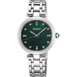 Seiko Damen-Uhr SRZ535P1, Quarz Edelstahl mit Diamanten - Armbanduhren für Damen mit kratzfestem Saphirglas und 12 funkelnden Diamanten auf dem Perlmuttzifferblatt für einen eleganten Look.