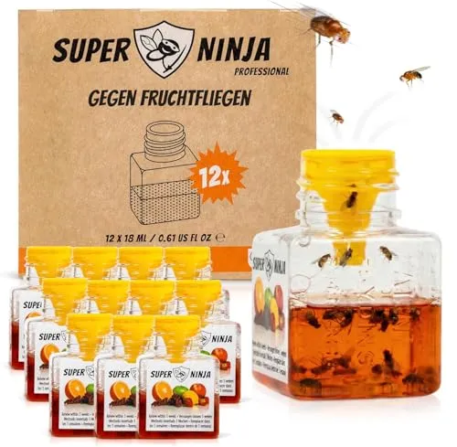 Super Ninja Fruchtfliegenfalle – 12er-Pack für effektive Fliegenabwehr - Fliegenabwehr mit natürlichem Lockstoff, sicher für Kinder und Haustiere, bis zu 3 Wochen lang wirksam gegen Fruchtfliegen.