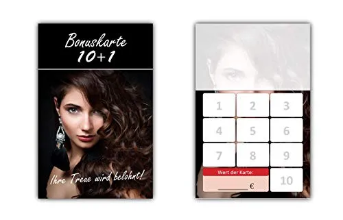 Stück Friseur Bonuskarten (BOK-410) mit 10 Stempelfeldern. Treuekarten passend für Bereiche wie Frisör, Kosmetik, Haarpflege 500