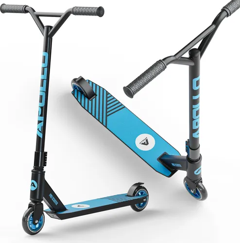 Apollo Stuntscooter Genius Pro - Freestyle Kickscooter für Kinder und Erwachsene, Schwarz/Blau - Roller/Kickboards mit maximal strapazierfähigem Aluminiumrahmen und ABEC 9 Kugellagern für hohe Geschwindigkeit - ideal für Stunts und Tricks ab 8 Jahren.