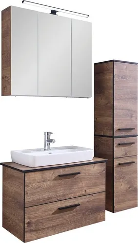 Badmöbel-Set SAPHIR Quickset 374 - 3-teiliges Set mit LED-Spiegelschrank - Badmöbel-Set mit Keramik-Aufsatzbecken und 5 Türen, ideal für stilvolle Bäder. Inklusive LED-Beleuchtung für den Spiegelschrank und dämpfende Türmechanismen.