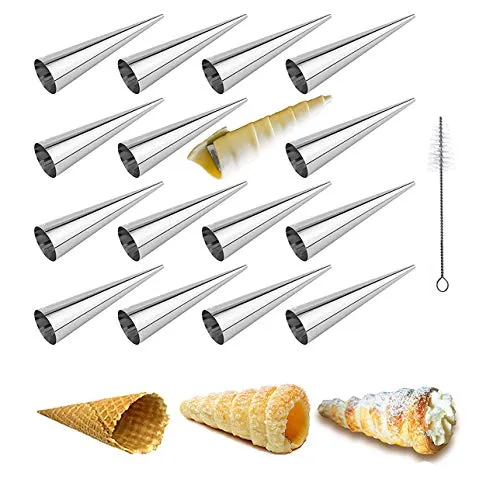 Cannoli Backform, FantasyDay 16tlg Schillerlockenform Set Gerade Röhrchen Spritztüllen Schaumrollen Sahnerollen - Cannoli Röhrchen Edelstahl Kuchen Gebäck Spirale Horn Backform Backzubehör(125 x 25mm)