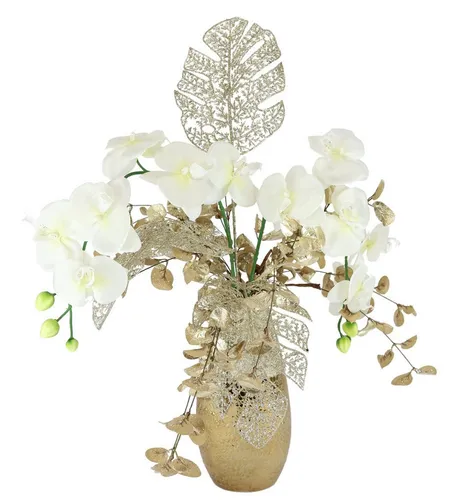 I.Ge.A. Winterliche Kunstpflanze "Gesteck mit Orchidee in Keramikvase" - Luxuriöses Blumenarrangement mit künstlichen Orchideen und Eukalyptus in eleganter Keramikvase. Perfekte Tischdekoration für festliche Anlässe und stilvolle Akzente in Ihrem Zuhause.