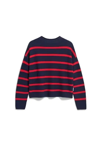 ARMEDANGELS Damen Pullover MERINAA Stripes Loose Fit Tinted Navy-Candy Apple M - Stylischer Loose Fit Pullover aus 100% Bio-Baumwolle. Mit GOTS-Zertifizierung für nachhaltige Mode. Ideal für jeden Anlass, bequem und umweltbewusst.
