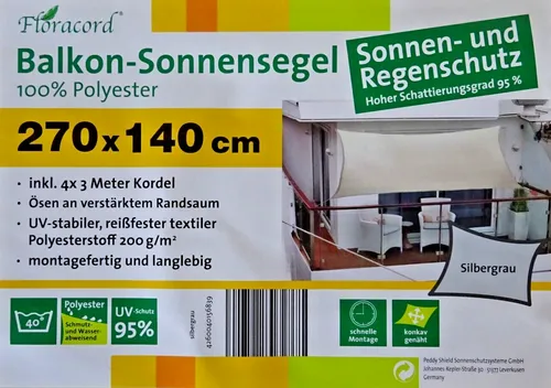 Peddy Shield Balkon-Sonnensegel - UV-Schutz 270 x 140 cm silbergrau - Sonnenschutz-Segel mit UV-Schutz, ideal für Balkone. Inklusive Befestigungsmaterial und aus strapazierfähigem Polyester gefertigt.