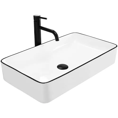 Rea Aufsatzwaschbecken Denis Black Edge - Elegantes freistehendes Handwaschbecken aus hochwertiger Keramik, ideal für moderne Badezimmer mit stilvollem Design und kompakten Maßen (615 x 350 x 110 mm).