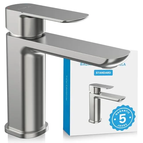 Bächlein Badarmatur Mizarela - Elegante Waschtischarmatur aus Edelstahl - Hochwertige Einhebelmischer-Armatur im minimalistischen Design, ideal für moderne Waschbecken. Mit flexiblen Anschlussschläuchen und einfacher Montage.