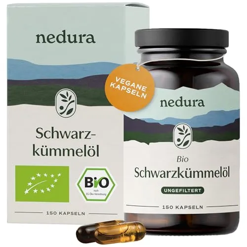 nedura® BIO Schwarzkümmelöl Kapseln – 150 vegane Kapseln, kaltgepresst aus Ägypten - Hochwertige BIO Schwarzkümmelöl Kapseln aus kontrolliertem Anbau. Kaltgepresst in Deutschland für beste Qualität und Reinheit. 150 pflanzliche Kapseln für deine tägliche Routine.