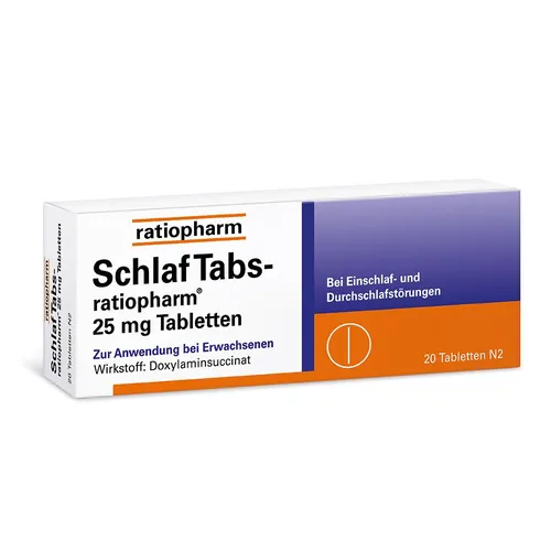 SchlafTabs ratiopharm 25mg - Arzneimittel zur Behandlung von Ein- und Durchschlafstörungen, unterstützt durch den Wirkstoff Doxylaminsuccinat für ein schnelles Einschlafen.