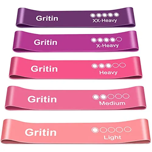 Gritin Theraband [5er Set] Fitnessband Resistance Terra Bands 100% Latex Widerstandsbänder mit Deutscher Übungsanleitung & Tragebeutel, Gymnastikband für Muskelaufbau, Yoga, Pilates, Physiotherapie