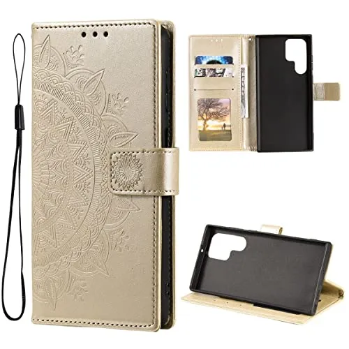CoverKingz Handy Case kompatibel mit Samsung Galaxy S22 Ultra - Handy Cover mit Kartenfach Phonecase - Smartphone Hülle klappbar Motiv Mandala Gold
