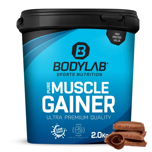 Bodylab24 Pure Muscle Gainer Schokolade 2kg - Gewichtsmanagement Shake mit 40g Protein, 33g natürlichen Kohlenhydraten aus Hafer und 1,5g Kreatinmonohydrat für effektiven Masseaufbau.