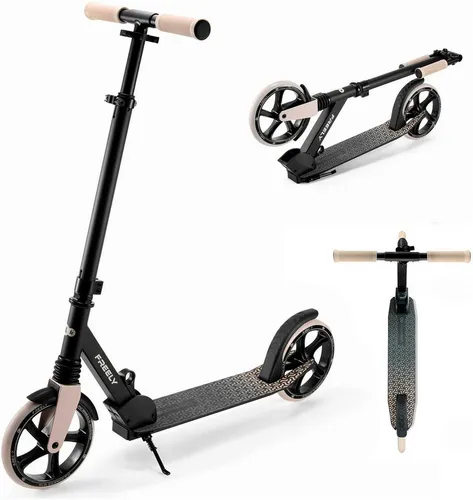 Kinderkraft Scooter Freely Beige - Vielseitiger Klapproller für Kinder ab 5 Jahren und Erwachsene bis 100 kg. Mit rutschfester Plattform, höhenverstellbarem Lenker und einfachem Klappmechanismus für sicheren Fahrspaß und flexibles Transportieren.