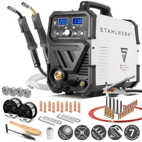 STAHLWERK MIG MAG 200 Puls Pro IGBT Schweißgerät - Vollsynergisches 5-in-1 Schweißgerät für MIG/MAG mit 200 Ampere, ideal für präzises Schweißen von Aluminium und Edelstahl, einfach zu bedienen und perfekt für Einsteiger.