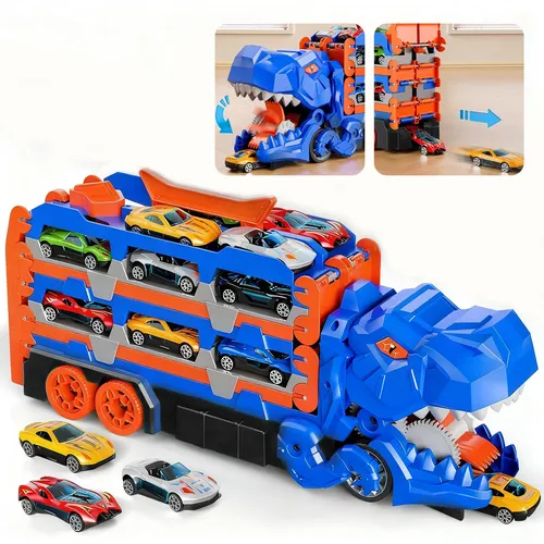 STILVORA Dinosaurier Transport-LKW mit 6 Metallautos - Großer Dinosaurier-LKW mit 6 Mini-Autos aus stabiler Legierung, ideal für kreatives Spielen. Ausziehbare 150 cm Rennstrecke für spannende Wettkämpfe und kinderfreundliches Design für sicheres Spielen.