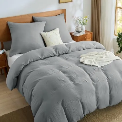 BEDELITE Musselin Bettwäsche 155x220 Baumwolle - ÖKO-TEX Bettwäsche-Sets Grau 3teilig mit Reißverschluss, Bettbezug 155x220cm mit 2 Kissenbezüge 80x80 cm, weiche und atmungsaktiv