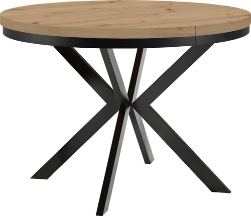 Runder Ausziehbarer Tisch ENDIK - Eiche Artisan Schwarz - Vielseitiger Esstisch mit Ring-Gestell, ausziehbar von 90 cm auf 140 cm Durchmesser. Robuste laminierte Platte und pulverbeschichtete Stahlbeine sorgen für Stabilität und modernes Design.