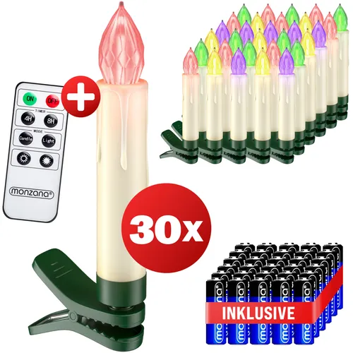 DeubaXXL DE LED Weihnachtsbaumkerzen 30er-Set Mehrfarbig - Weihnachtsbeleuchtung mit batteriebetriebenen LED-Kerzen, fernbedienbar, 5-stufig dimmbar, ideal für sichere und flexible Dekoration ohne Kabelsalat.