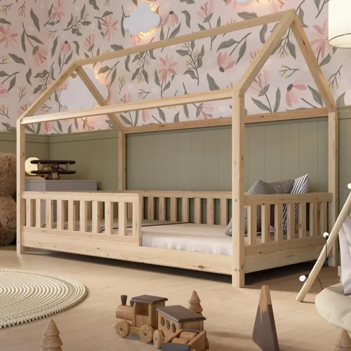 Crazy Pine Hausbett 100x200 cm – Montessori Kinderbett aus Naturholz mit höhenverstellbaren Beinen – Crazy Blanco - Das Crazy Blanco Hausbett bietet 30 cm hohe Barrieren für sicheren Schlaf und Spiel. Gefertigt aus schadstofffreiem Kiefernholz, vereint es skandinavisches Design mit praktischen, höhenverstellbaren Beinen für individuellen Stauraum.