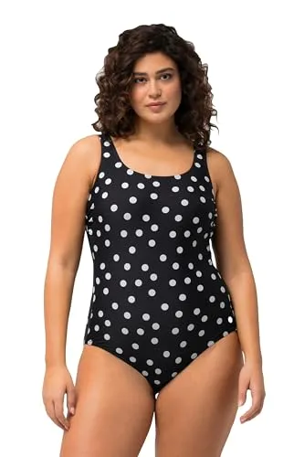 Ulla Popken Damen Alice Badeanzug mit kleinen Punkten - Badeanzug in sportlicher Schwimmerform, Rundhalsausschnitt und stützendem Unterbrustband für perfekten Halt und Komfort.