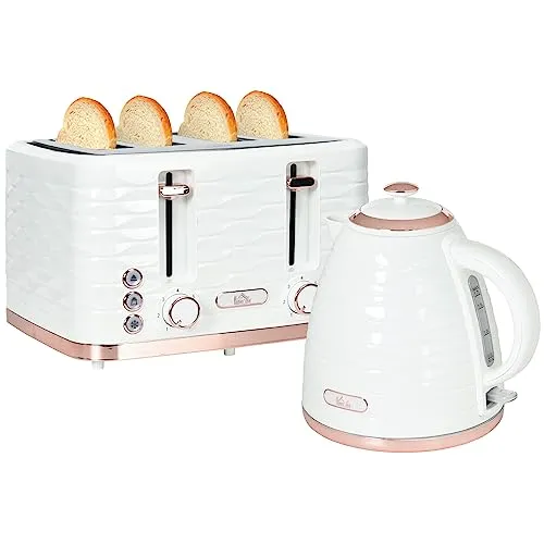 HOMCOM Wasserkocher Toaster Set - Frühstücks-Set mit 1,7L Wasserkocher und 4-Scheiben Toaster, 2200 W, 7 Bräunungsstufen für perfekten Toast und sicherem Otter Thermostat für präzise Temperaturregelung.