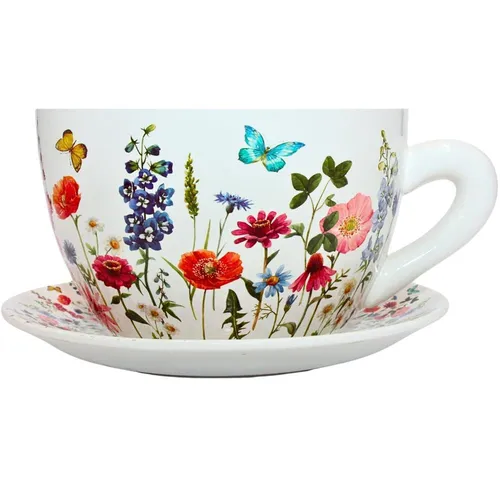 Dekohelden24 Pflanzkübel Pflanztassen - Bunter Keramik Blumentopf - Garten-Zubehör mit handgefertigtem, glänzendem Keramikübertopf in Blumenwiese-Design, ideal für kreative Dekoration und Pflanzenpräsentation.