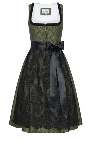 Nübler Midi Dirndl Leo in Grün mit schwarzer Schürze - Stilvolles Midi Dirndl in Grün mit elegantem Leo-Muster und edler schwarzer Schürze. Ideal für Feste und besondere Anlässe – mit praktischen Taschen und schickem Herz-Zipper.